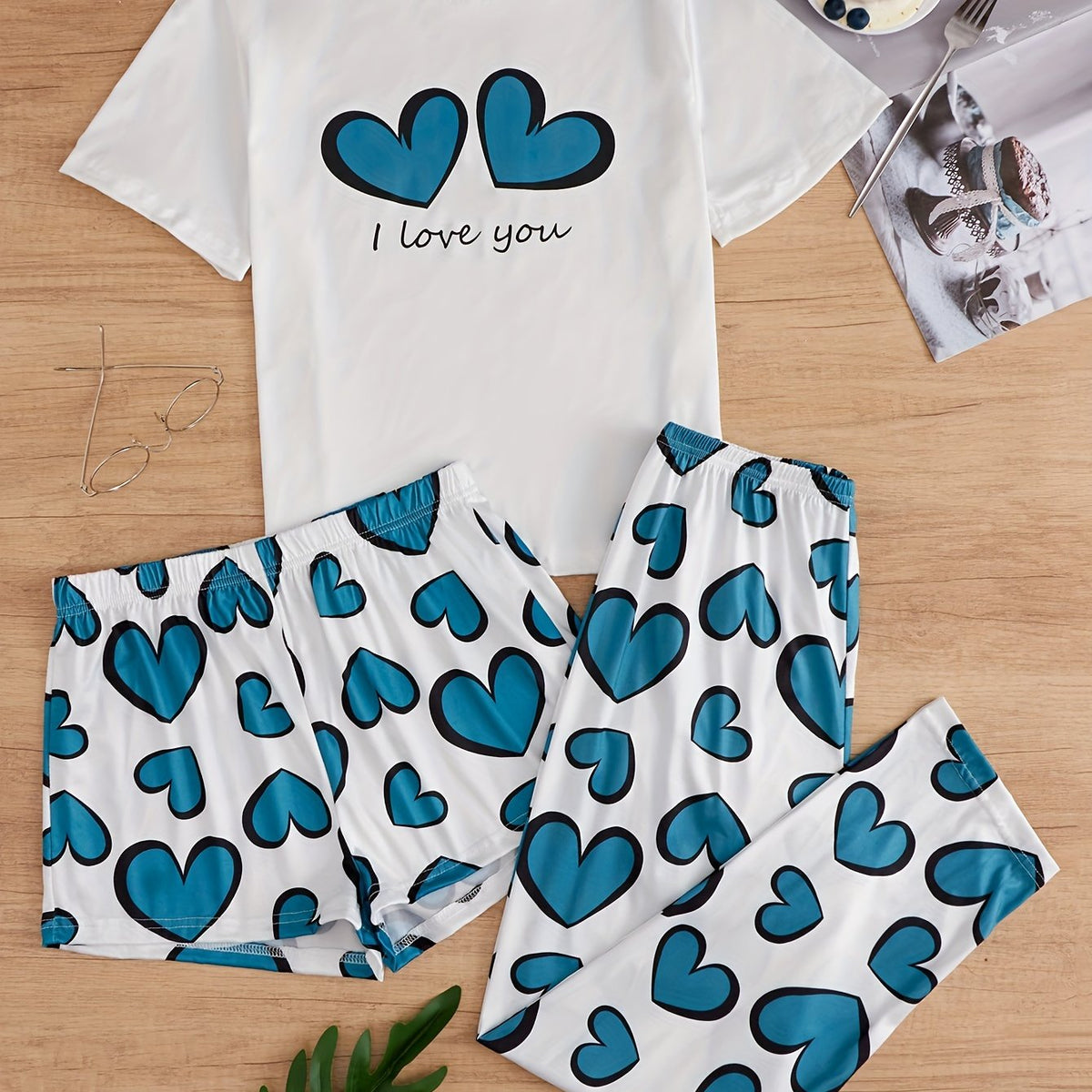 Heart Print Pajamas Set Short Sleeve Top & Shorts & Pants