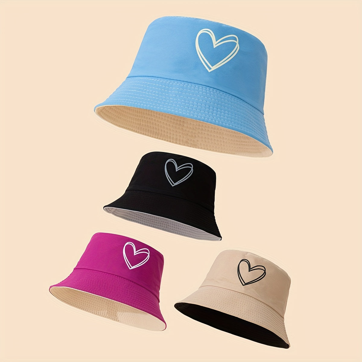 Heart Print Reversible Bucket Hat Solid Couple Fish