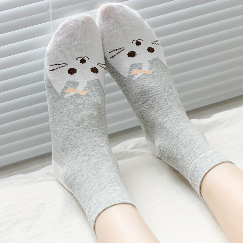 6 Cat Print Socks for Women Comfy Mid Tube Stockings