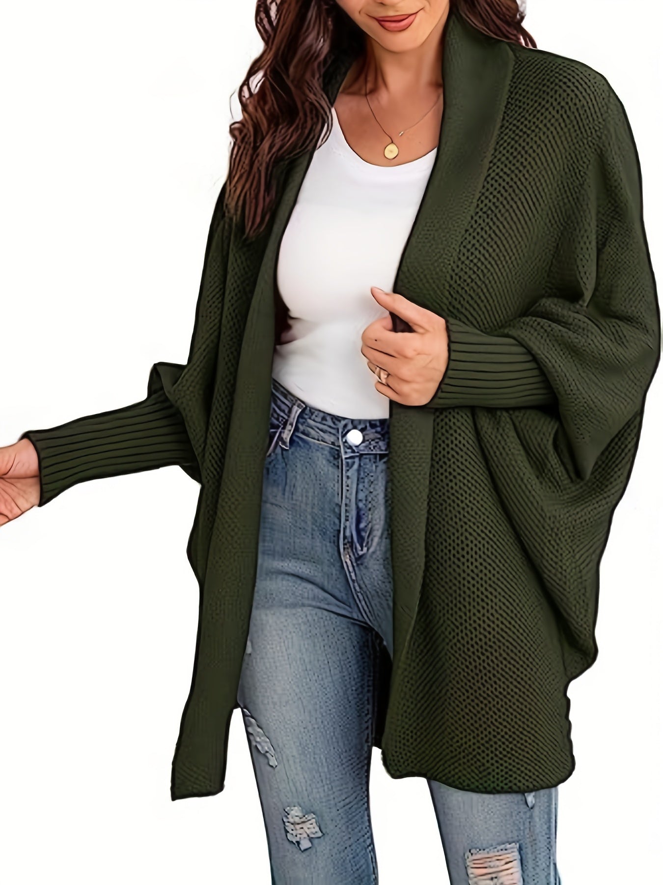  Solid Batwing Sleeve Shawl Collar Open Front Cardigan