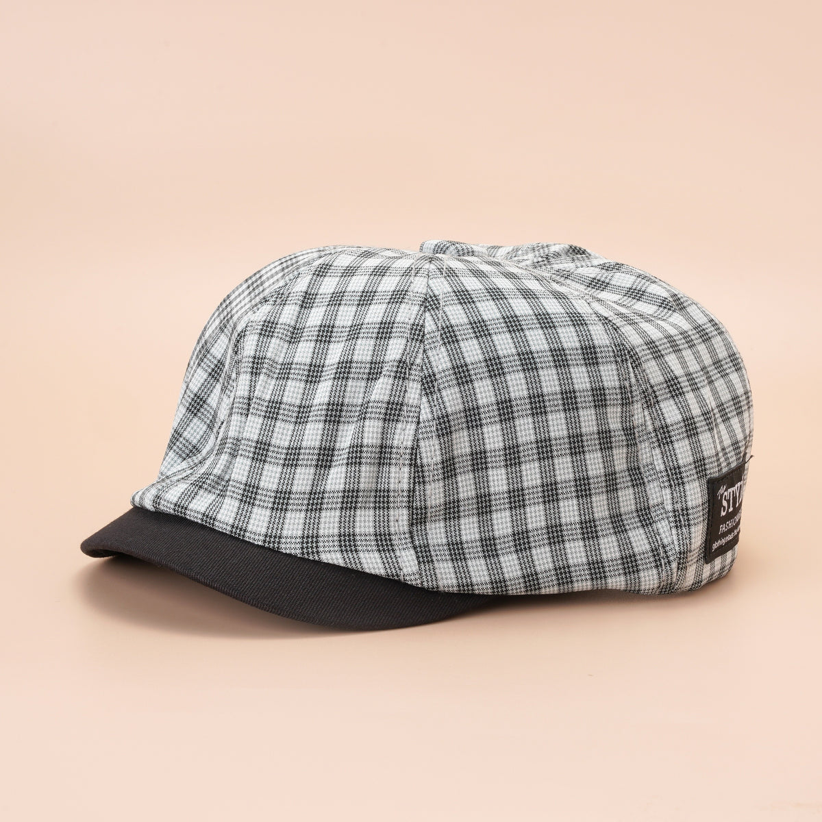 Plaid Beret Cap Label Patch Painter Hat Vintage Newsboy Style