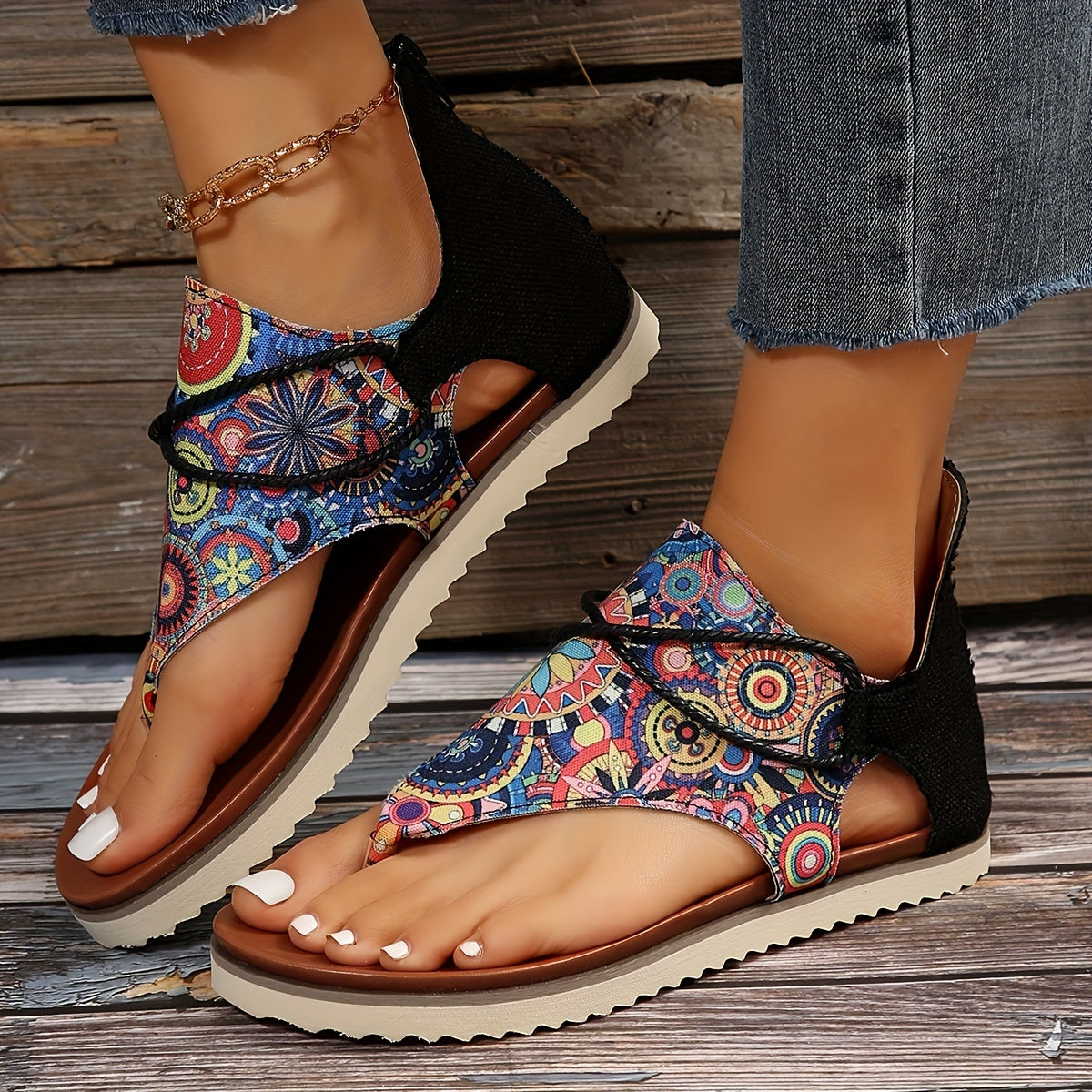 Women's Geometric Pattern Flat Sandals Thick Bottom Gladiator Thong Sandals