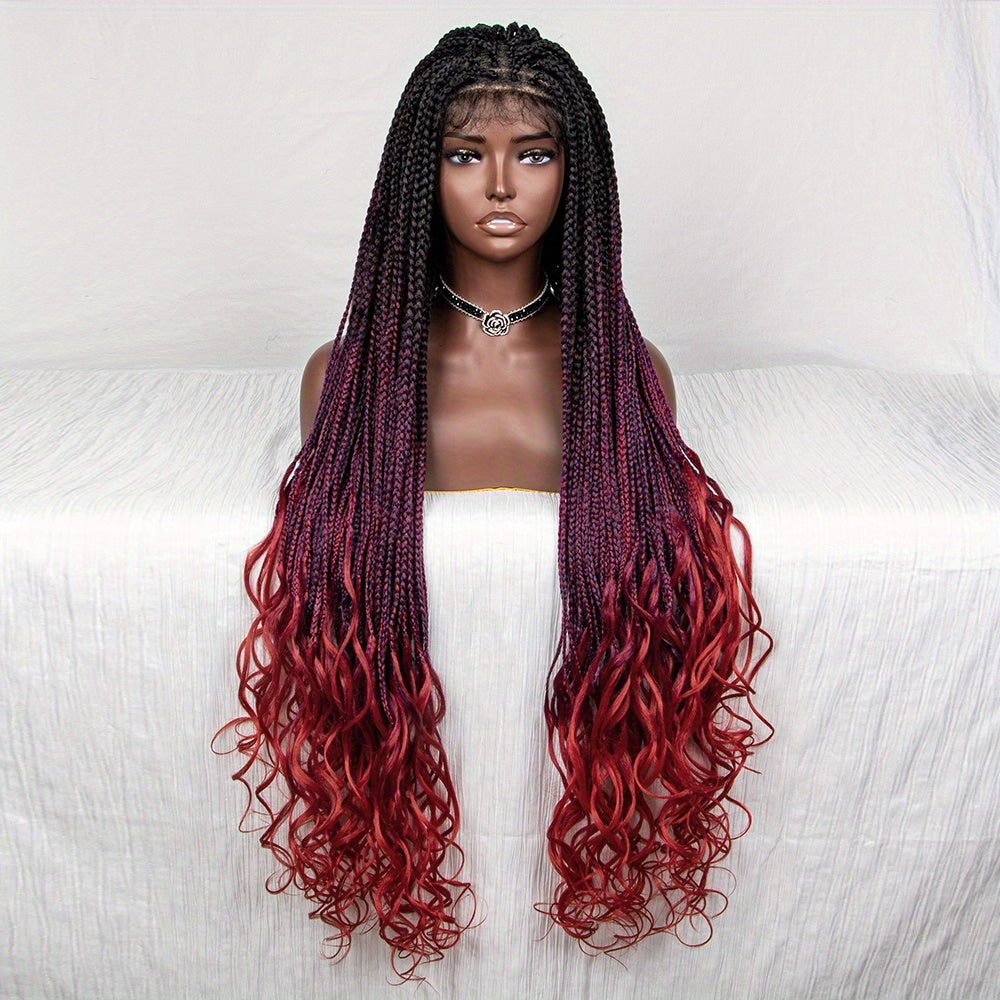 Burgundy Ombre Lace Front Braided Wig with Curly Ends