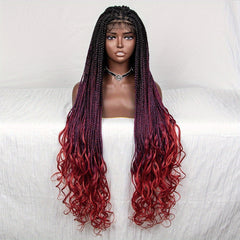Burgundy Ombre Lace Front Braided Wig with Curly Ends