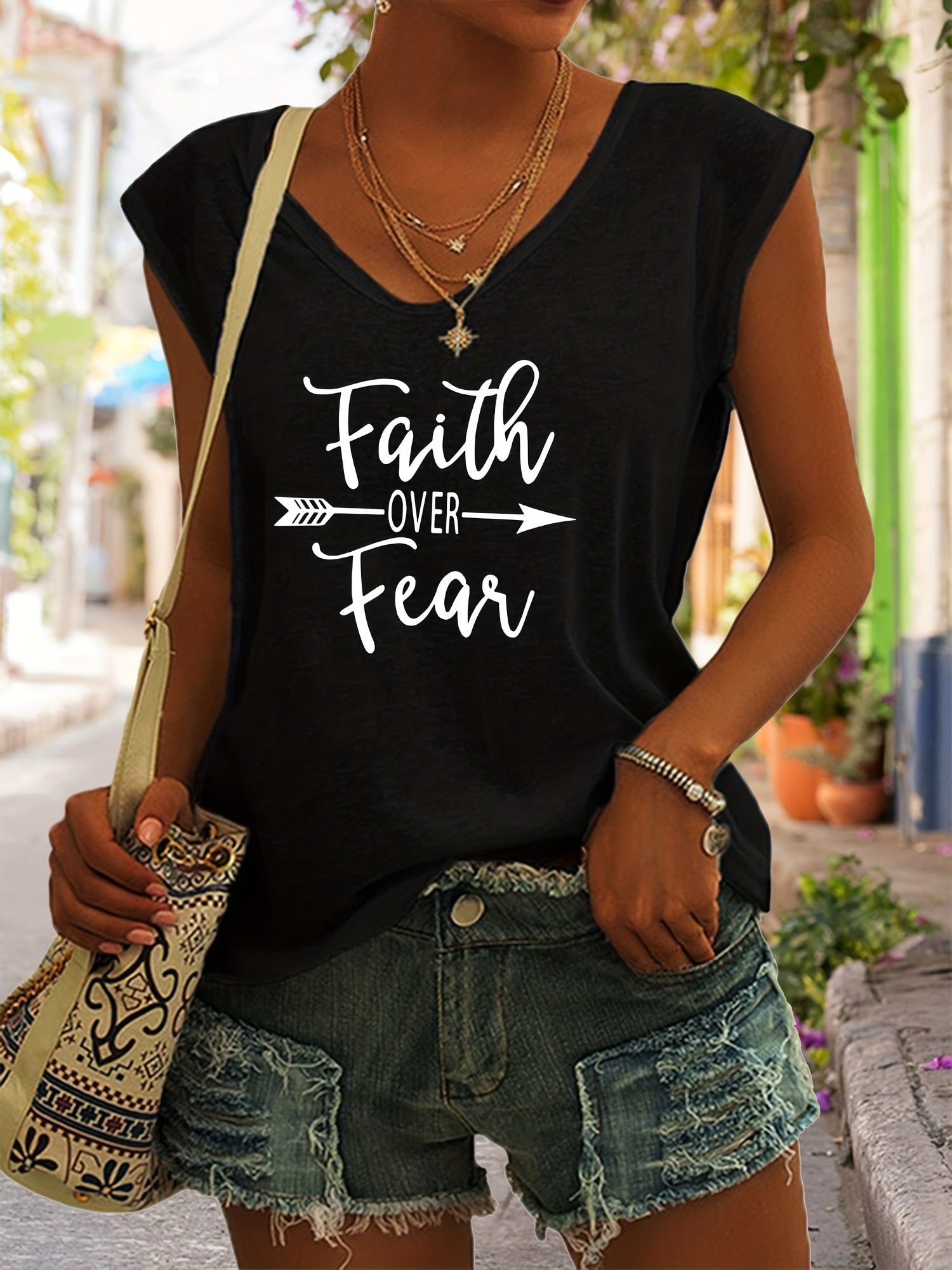 Faith Over Fear Print Tank Top Sleeveless Casual Top