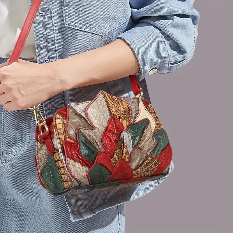 Leather Small Satchel with Lotus Leaf Crossbody