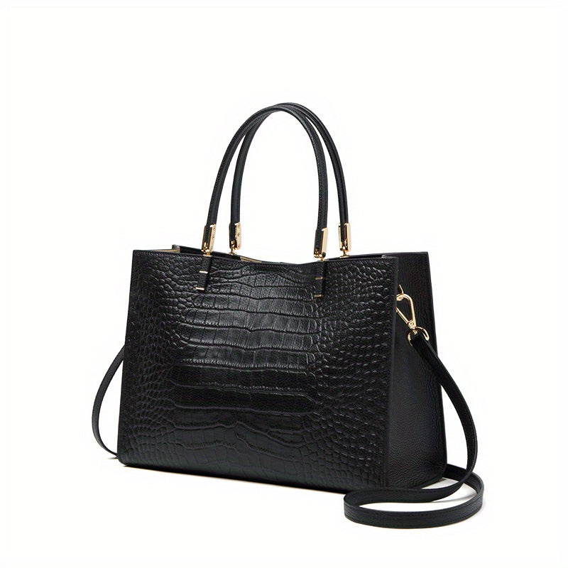 Crocodile Pattern Cowhide Handbag with Detachable Shoulder Strap