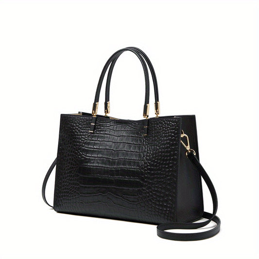 Crocodile Pattern Cowhide Handbag with Detachable Shoulder Strap