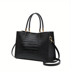Crocodile Pattern Cowhide Handbag with Detachable Shoulder Strap