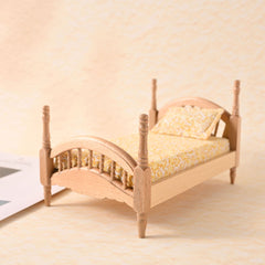 Mini Dollhouse Wooden Bed Vintage Floral Pattern Yellow