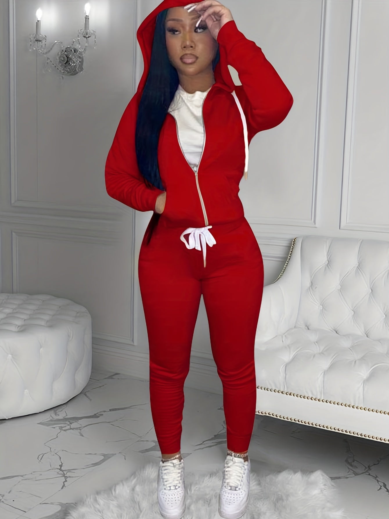 Solid Drawstring Two-piece Set Zip Up Hoodies & Long Pants Set