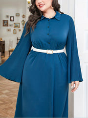  Dress Women's Plus Flared Sleeve Button Up Lapel Collar