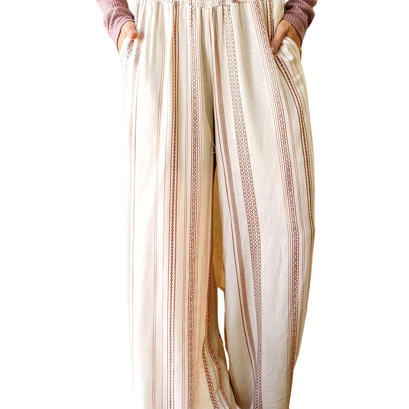  Striped & Geo Print Shirred Waist Straight Leg Pants