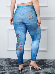  Teddy Bear & Denim Print High Rise Fitness Leggings Women's Plus
