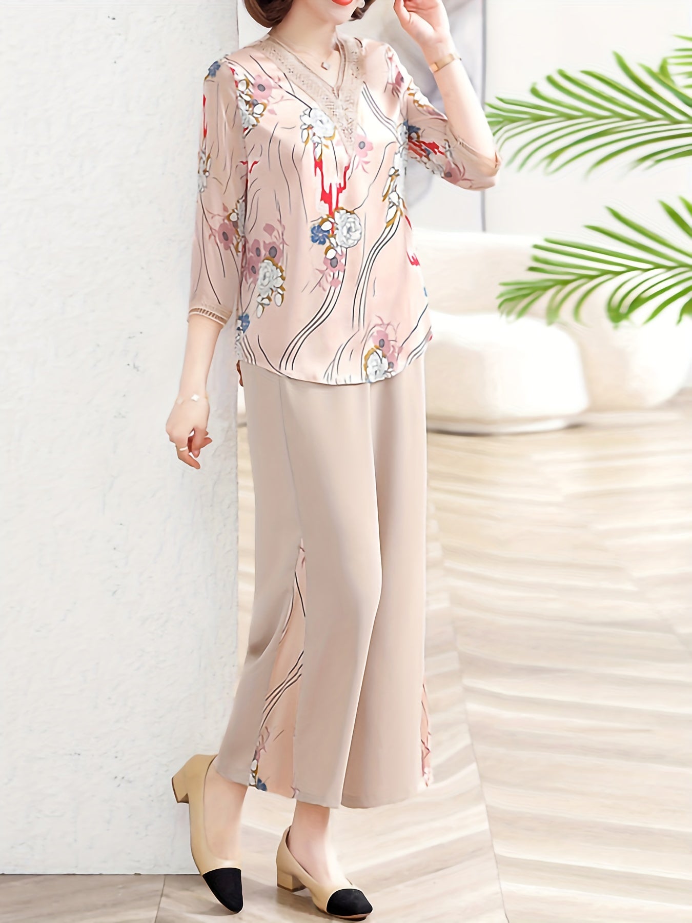 Floral Print Two piece Set Lace V neck Blouse & Wide leg Pants Outfit