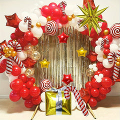 128pcs Christmas Balloon Garland Kit Red Candy Balloons Golden Star Foil