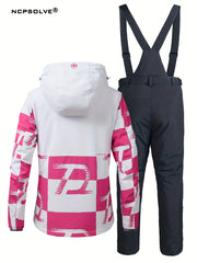 2Pcs Ski Set Full Zip Long Sleeve Jacket & Windproof Trouser Ski Suit