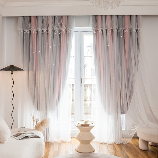 Blackout Curtains with Self Stick Rodless and Lace Sheer Tieback