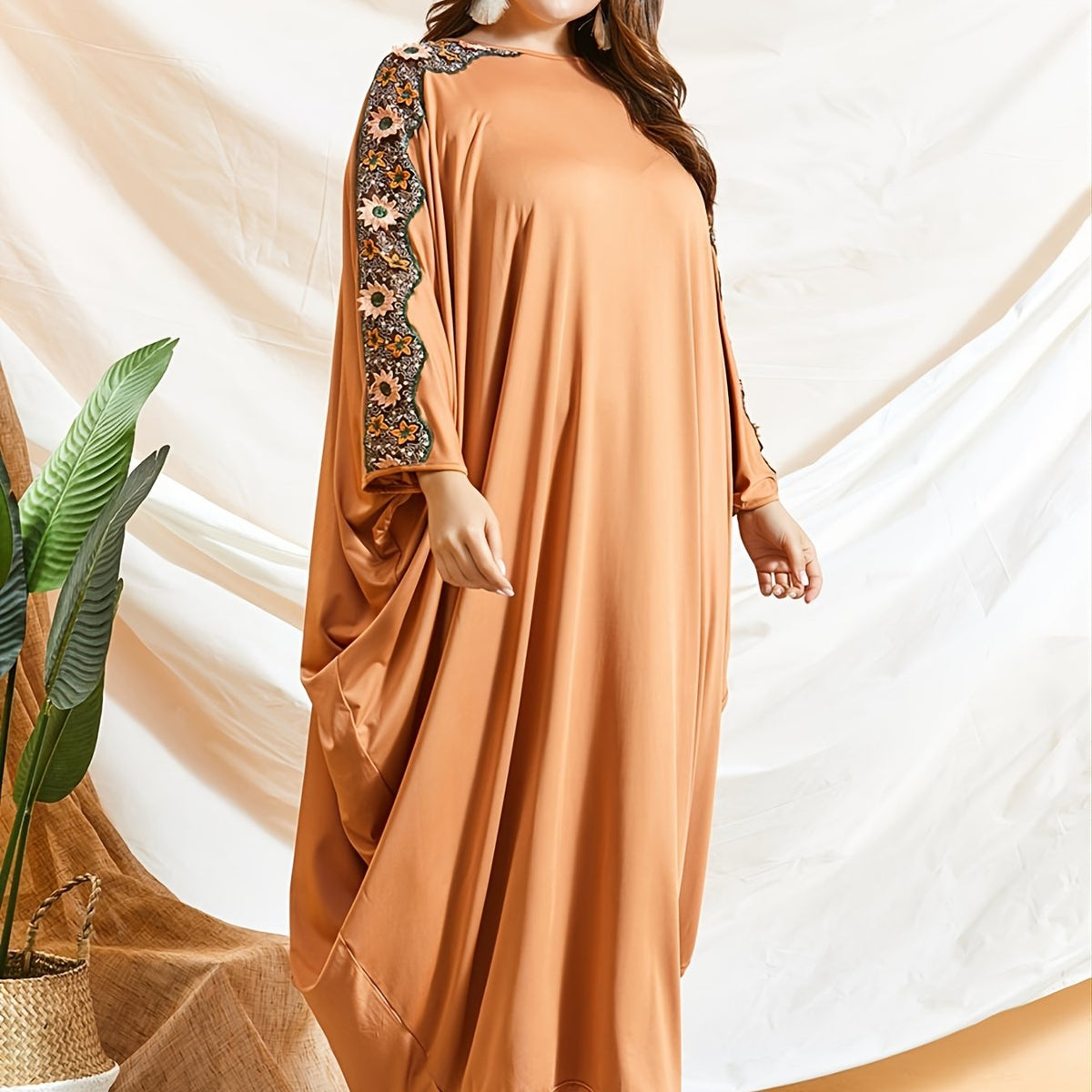  Tribal Abaya Dress Women's Plus Floral Appliques Batwing Sleeve