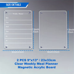2 PCS 22" Clear Weekly Meal Planner Acrylic Magnetic Board