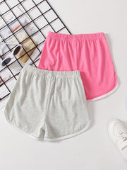 2pcs Girls' Contrast Binding Sports Shorts Set For Yoga Outfit