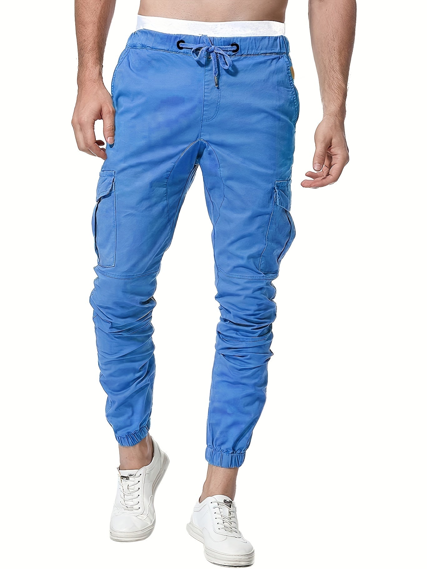 Solid Men's Drawstring Cargo Pants Flap Pocket Jogger Pants