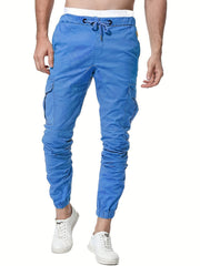 Solid Men's Drawstring Cargo Pants Flap Pocket Jogger Pants