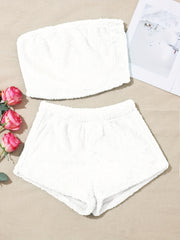 Fuzzy Pajama Set Strapless Crop Top & Shorts Women's Sleepwear