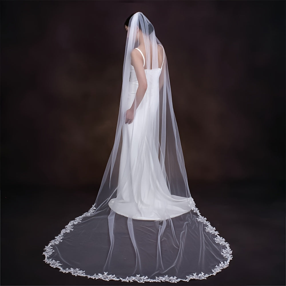 Bridal Veil with Floral Lace Trim and Flowing Train for Wedding