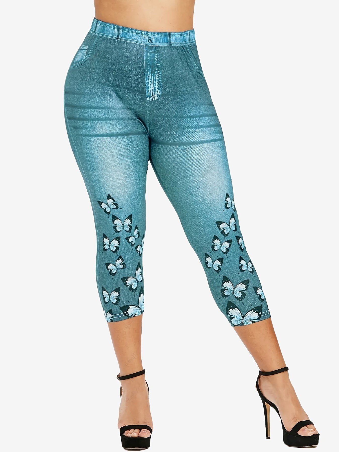 Butterfly & Denim Print Leggings Sexy Butt Lifting High Waist