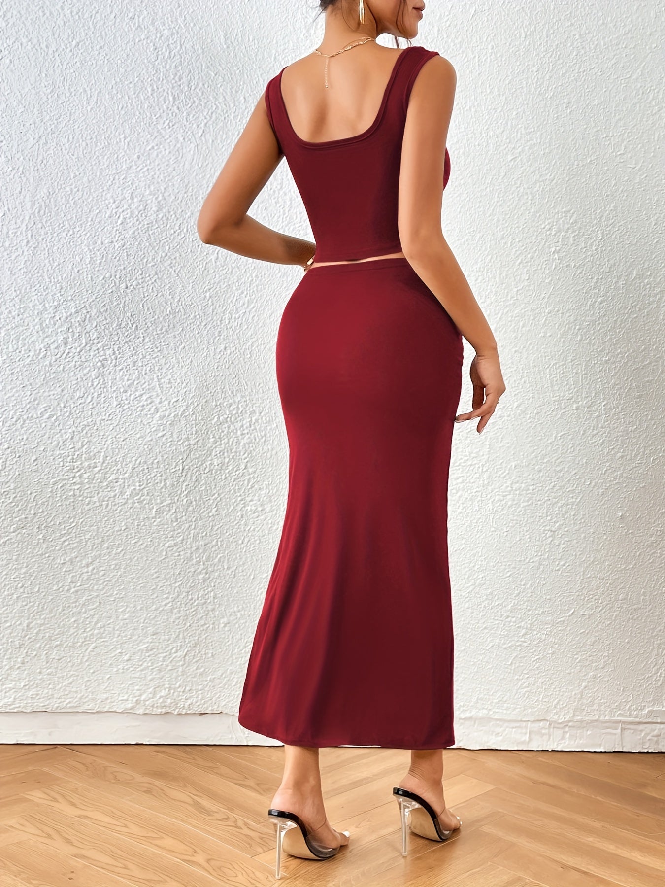 Casual 2pc Crop Tank Top & Side Split Twist Skirt Outfits Women's Clothing