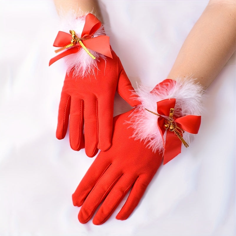 Bowknot Feather Bell Gloves Red Short Warm Gloves For Party Prom