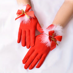 Bowknot Feather Bell Gloves Red Short Warm Gloves For Party Prom