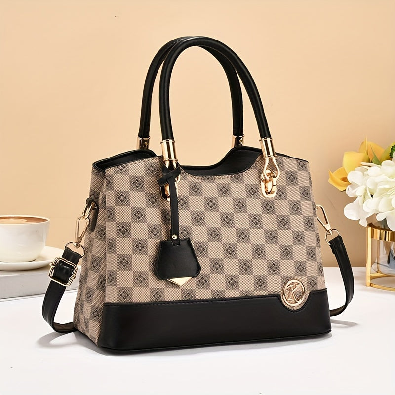 Geometric Plaid Faux Leather Top Handle Bag for Women