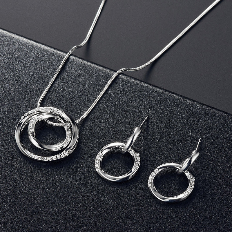 Circle Jewelry Set Inlaid Rhinestones Pendant Necklace & Dangle Earrings