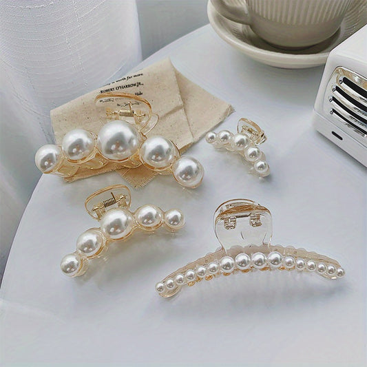 4pcs Faux Pearl Hair Claw Clip Strong Hold Ponytail Banana Clip