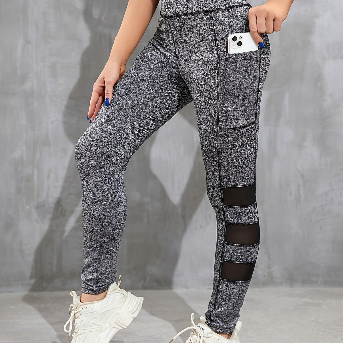 Mesh Stitching Yoga Leggings With Phone Pocket High Waist Yoga Pants