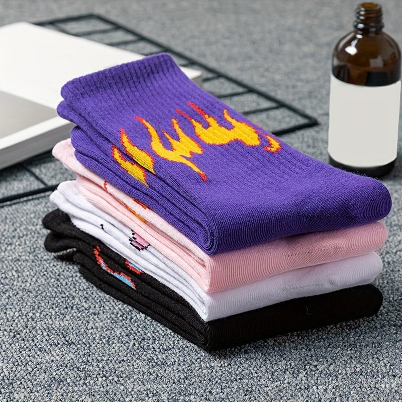 4 Pairs Flame Print Socks Women's Stockings