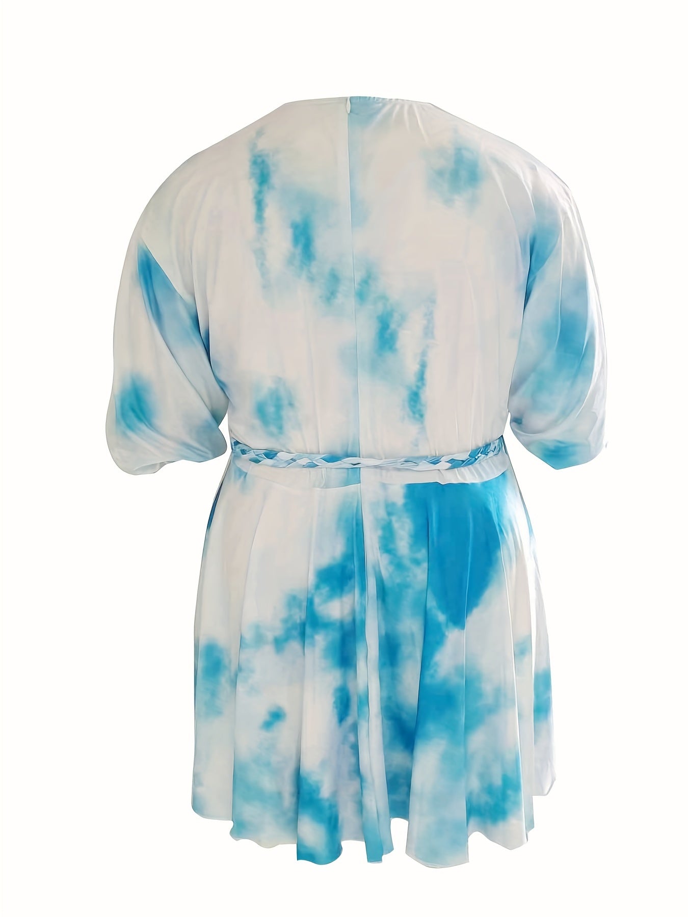  Tie Dye Half Sleeve Round Neck Mini Dress With Belt