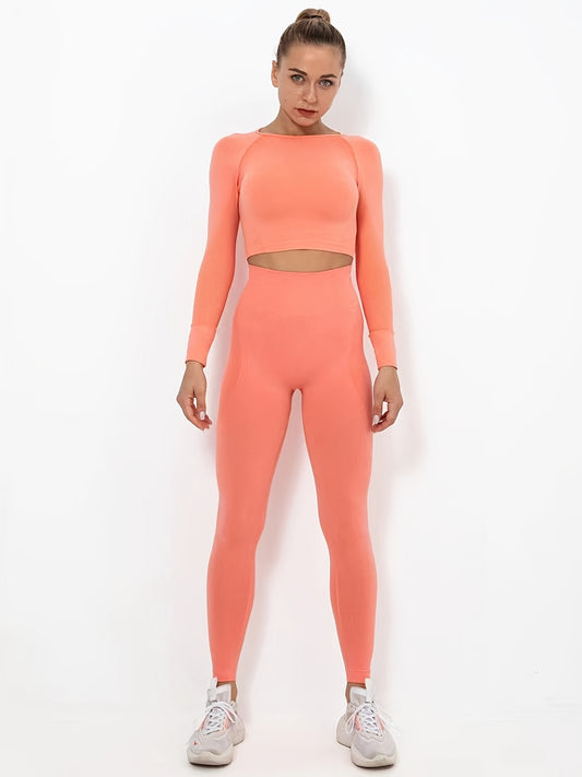 Women's Seamless Long Sleeve Sports Crop Top & Leggings Yoga Suit