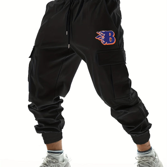 Men's B Letter Print Cargo Joggers, Spring/Fall Outdoor Pants