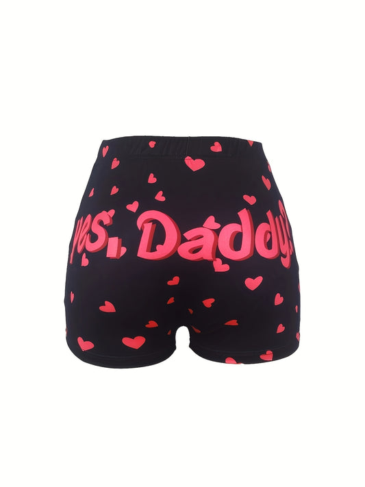  Casual Shorts Women's Plus Heart Letter Print Elastic High Rise