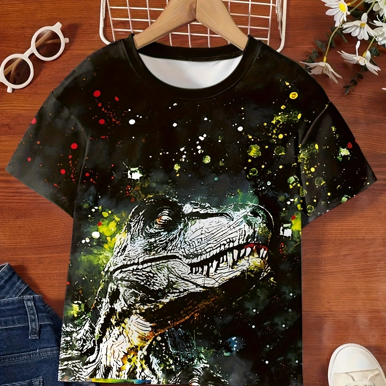 Tie Dye Dino Graphic Short Sleeve T shirt For Girls Summer Gift