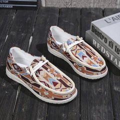Retro Pattern Canvas Shoes Soft Sole Flat Sneakers Comfortable Lace Up Loafers
