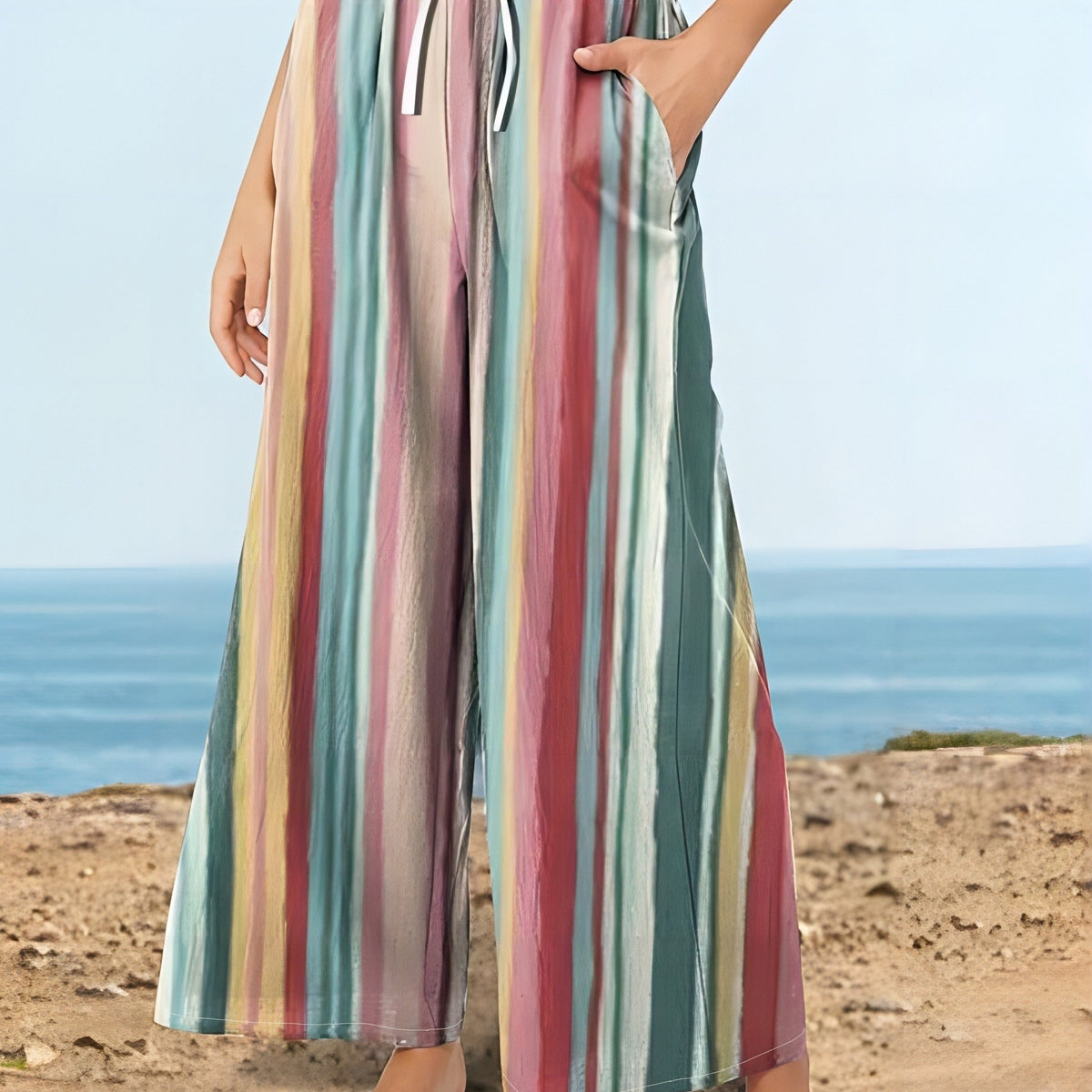  Casual Pants Women's Plus Stripe Wide Leg Trousers