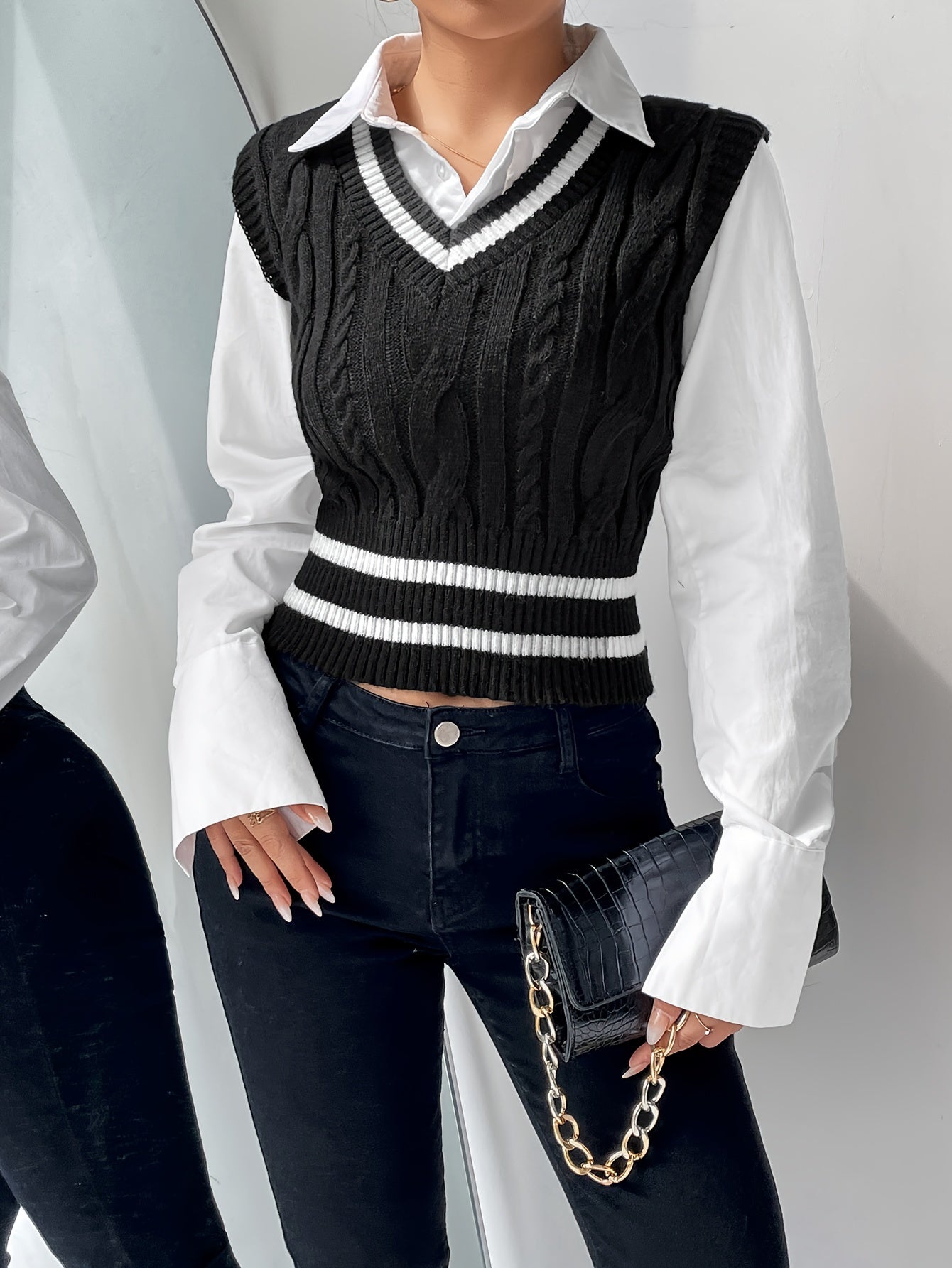  Preppy Sweater Vest Women's Plus Colorblock Cable Knit Vest