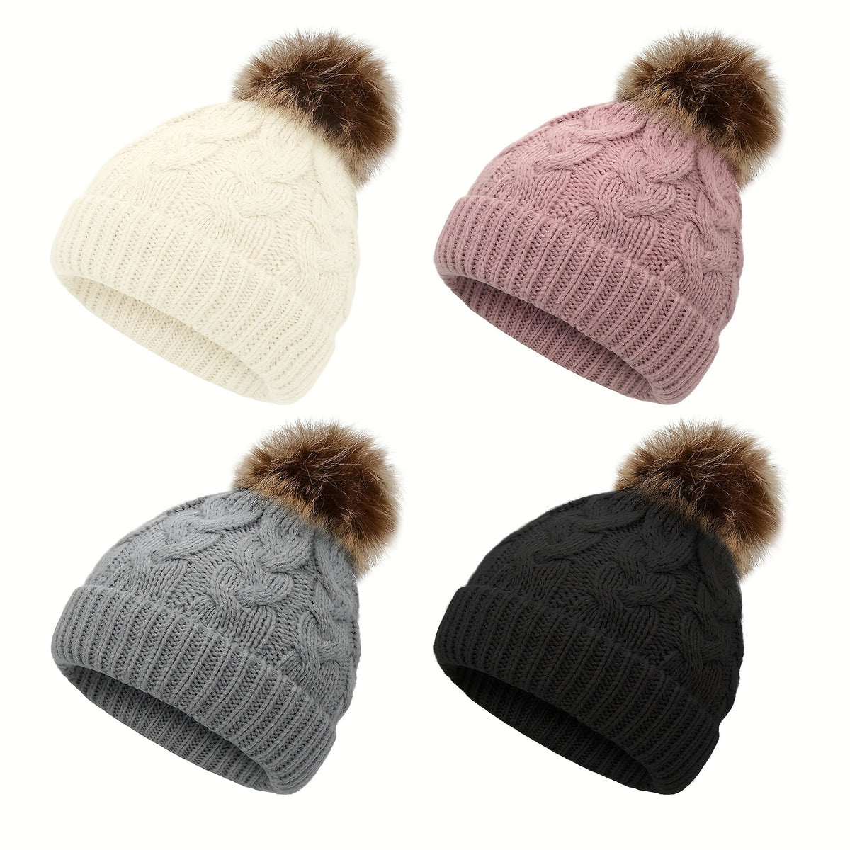 4 Pack Kids Winter Hats Beanie with Faux Fur Pom