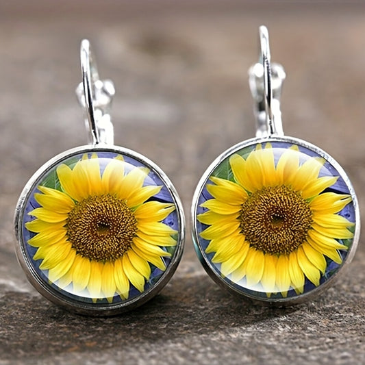 Vintage Time Gemstone Glass Earrings Sunflower Tree Butterfly