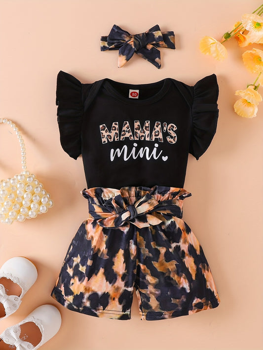Baby Girls Sleeveless Top with MAMA'S Mini Print and Leopard Print Bow
