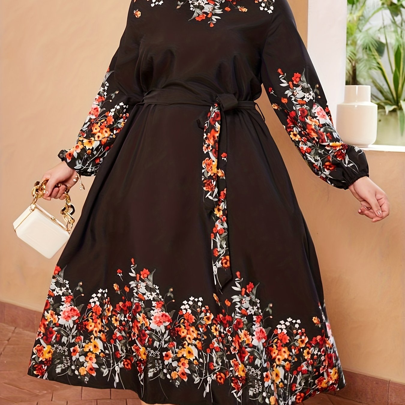  Colorblock Floral Print Long Sleeve Maxi Dress